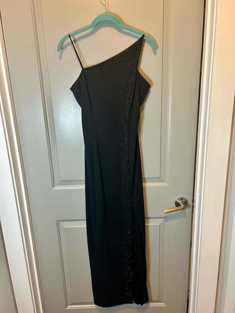 Niki Lavis Black One-Shoulder Evening Gown with Sparkle Trim